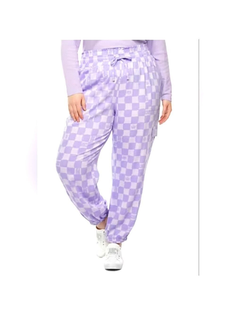 NEW JUICY COUTURE PLUS SIZE 2X JOGGER PANTS POCKETS WOMEN HIGH RISE LILAC CHECK